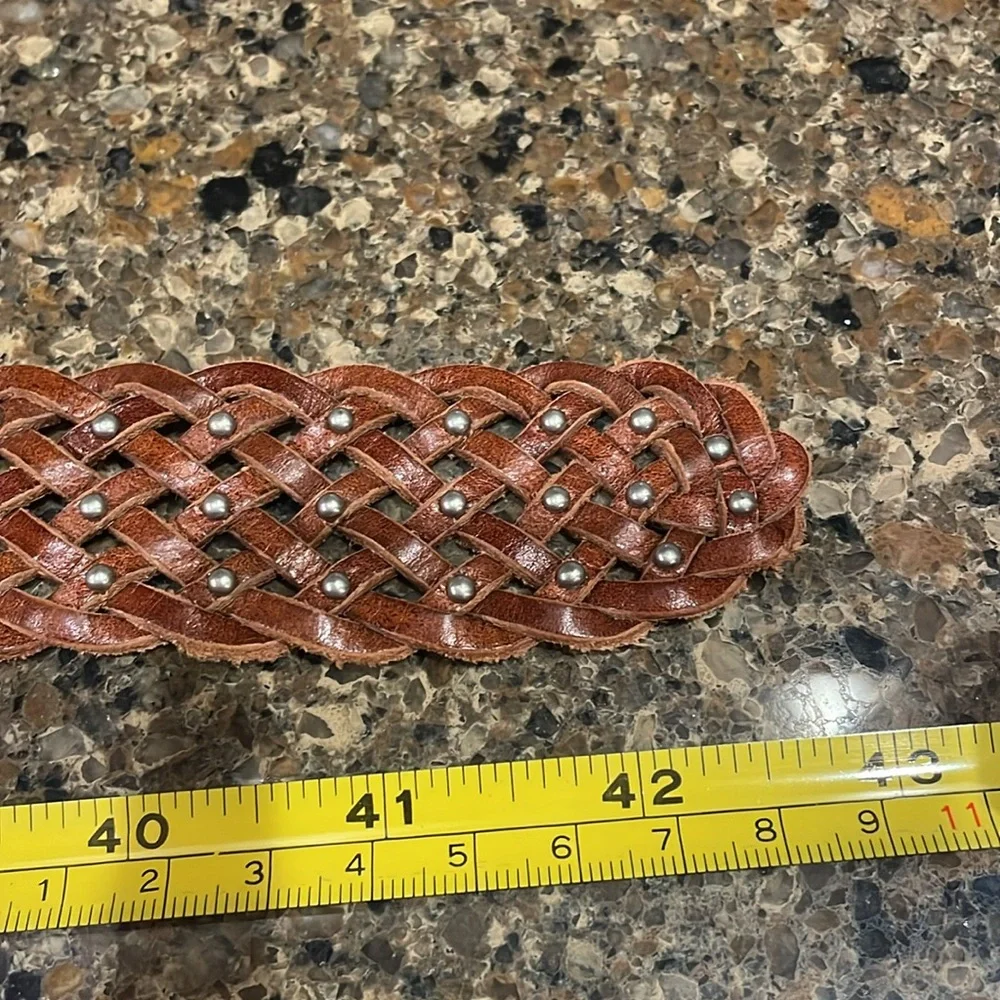 American Eagle Women’s Brown Leather Braided Silver Buckle Studs Belt S M